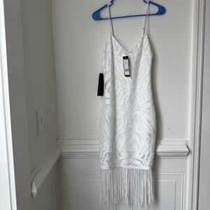 bebe White Fringe Lace Midi Dress